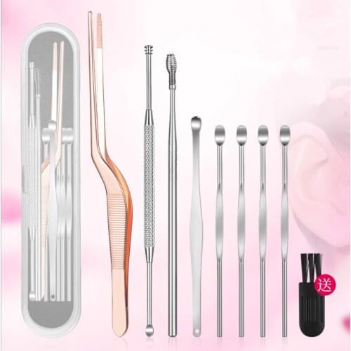 9pcs/set Ear Wax Pickers Set Stainless Steel Earpick Wax Remover Curette Ear Pick Cleaner Ear Cleaner Spoon Care Ear Clean Tool