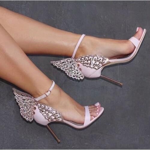 Newest Fashion Sandal Crystal Embellished Butterfly Ankle Strap High Heel Shoe Rivets Studded Leather Sandal for Woman