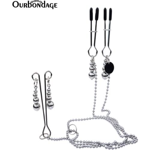 Ourbondage Steel Triple Head Nipple Clamps Clips and Labia Clips With Chains Adult Sex Toys For Women Lesbian Couples
