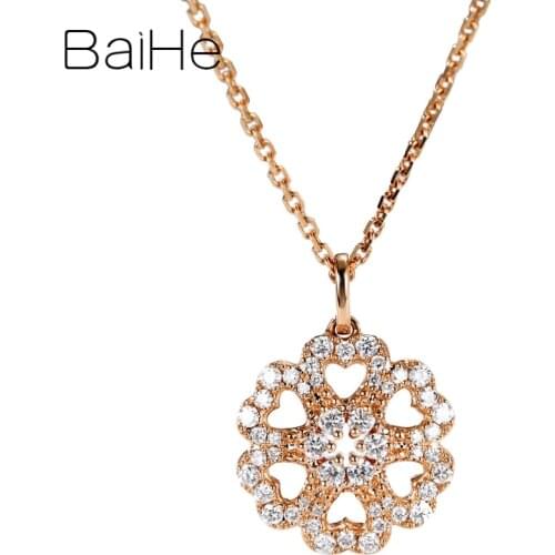 BAIHE Solid 18K Rose Gold 0.35ct Round H/SI Natural Diamonds Jewelry Women Trendy Wedding Fine Jewelry flower Gift Necklaces