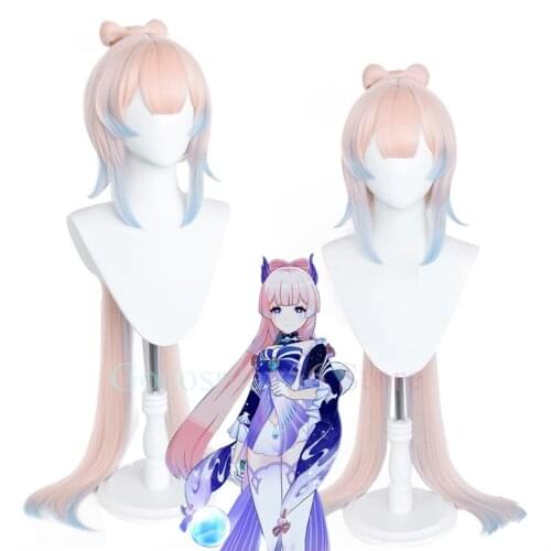 Genshin Impact Cosplay Kokomi Wig Gradient Blue 120cm Long Straight Ponytail Bow Heat Resistant Hair Role Play
