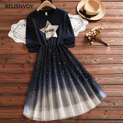 Mori Girl College Style Dress Autumn Spring Mesh Gradient Patchwork Sequins Star Femininos Vestidos Long Sleeve Girls Dresses