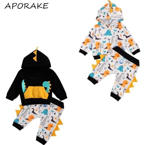 2020 Casual 0-24M Infant Baby Boy Clothing Cartoon Dinosaur Print Long Sleeve Hooded Top Hoodies+3D Harem Pants Fall 2pcs Set