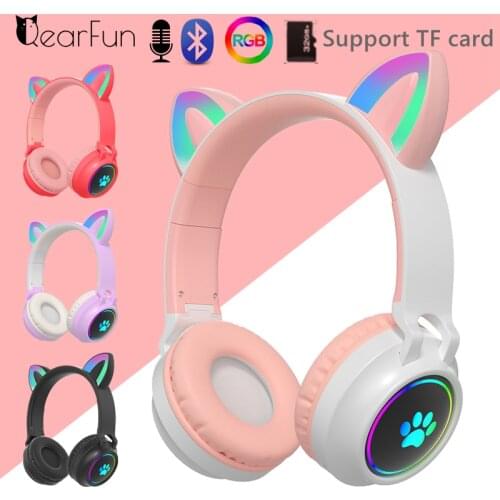 400mAh RGB LED Cute Cat Wireless Headphone with Mic, Colorful Cartoon Kids Girls Music Bluetooth Helmet support TF card with bag