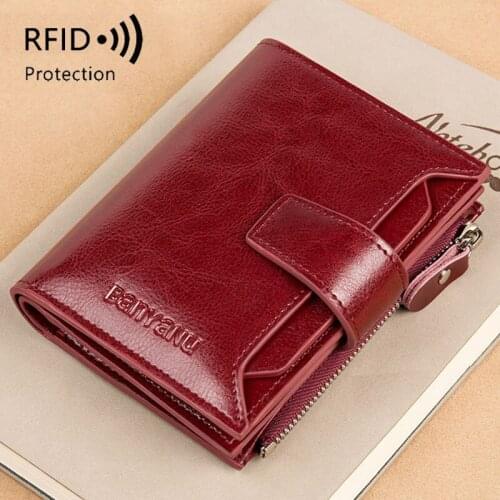 Luxury Oil Wax Genuine Leather Wallets Cowhide Short Womens Wallet Card Holder Coin Purse With Removable Driver License Wallet