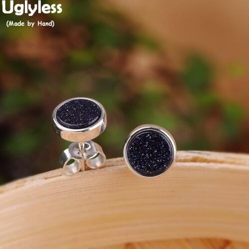 Uglyless Unisex Neutral Design Blue Sands Stones MINI Studs Earrings for Men Women 8MM Silver Earrings 925 Silver Jewelry E1471