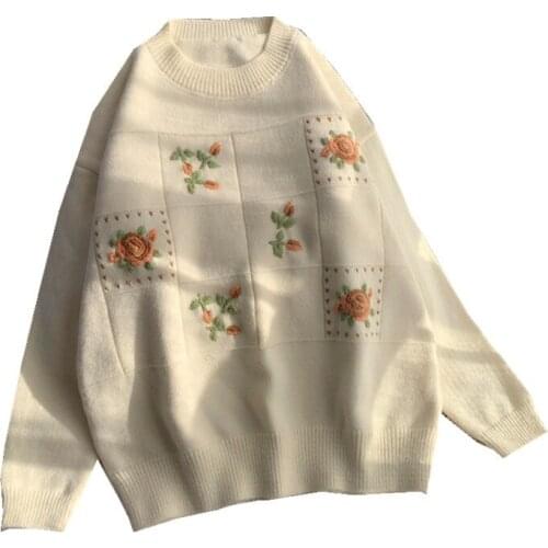 Vintage Embroidery Winter Sweater Women Pullover Oversize Korean Harajuku Clothing Loose Knit Jumper Knitwear