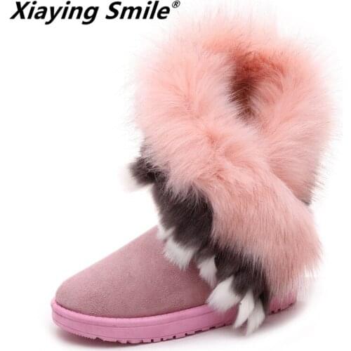 Xiaying Smile Winter Women Snow Boots Warm Antieskid Mid Calf Boots Platform Strap Slip On Flats Casual Women Flock Rubber Shoes