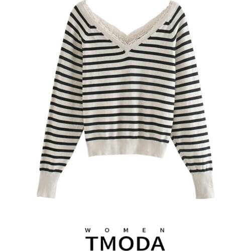 TMODA1301 2021 Za Ladies Knitted Sweater Womens Striped Pullovers Autumn Winter V Neck Patchwork Jumper Soft Tops New Knitwear