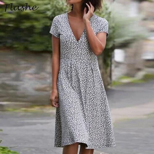 2021 Floral Print Short Sleeve Dress Women Summer V Neck Casual Elegant Vintage Party Dress Plus Size Loose Dresses For Women