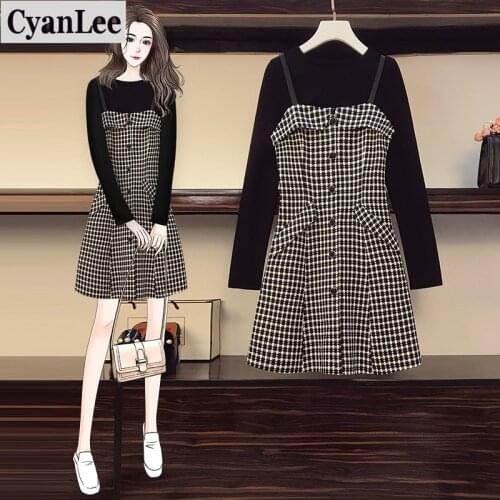 Cyanlee Plus Size Women Two Piece Dress Clothes Winter 2020 Long Sleeve Knitted Cotton T-shirts And Plaid Tweed A-Line Dresses