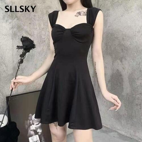 Sllsky Sexy Elegant Hepburn Style European And American Suspender V-neck Chest Wrapping Short Dark Style Black High Waist Dress