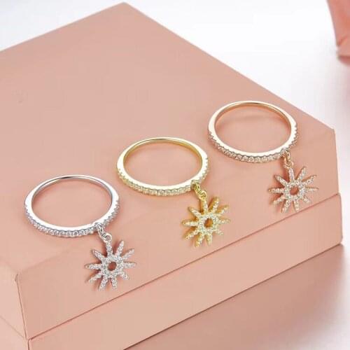 SLJELY High Quality 925 Sterling Silver Cubic Zirconia 3 Gold Colors Charm Sun Gear Finger Ring for Women Fashion Party Jewelry