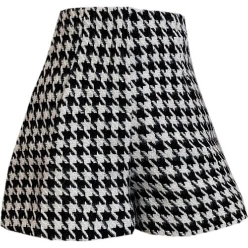 Winter Autumn Houndstooth Woolen Plaid Shorts For Women 2021 Japanese High Waist Casual Grid Wide Leg Short Pants Ladies Bottom