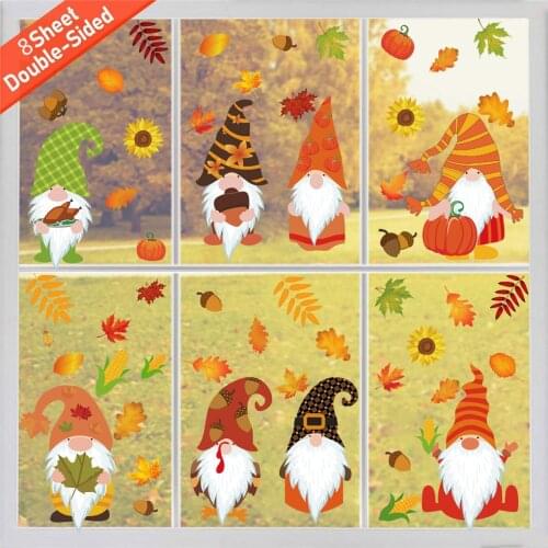 8 Sheet 91Pcs Thanksgiving Window Stickers Electrostatic Glass Decoration Maple Leaf Decals Old Man Doll Decoration Stickers