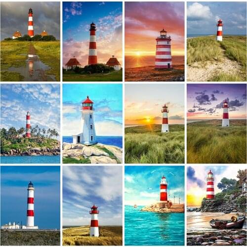 Huacan Diamond Embroidery Cross Stitch Lighthouse Diamond Painting Landscape Pictures Of Rhinestones Home Decoration