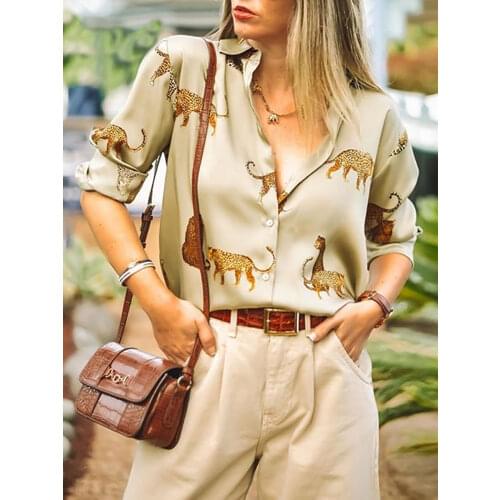 Aachoae Women Blouses Long Sleeve Turn-down Collar Casual Tops Leopard Print OL Style Office Shirt Ladies Loose Blouses Blusas