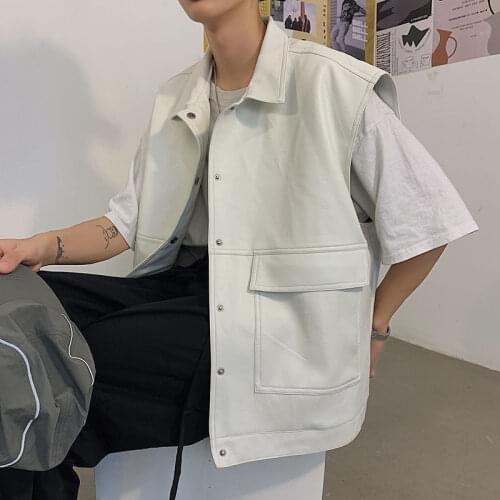 Korean Leather Vest Mens Fashion Casual Pocket Motorcycle Jacket Men Streetwear Loose Hip-hop Leather Vest Coat Mens M-XL