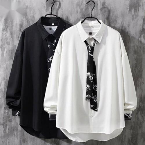#4738 Black White Grey Long Sleeve Shirt Men Lapel Collar Loose Plus Size 4XL 5XL Casual Shirts For Men Designs Spring Autumn