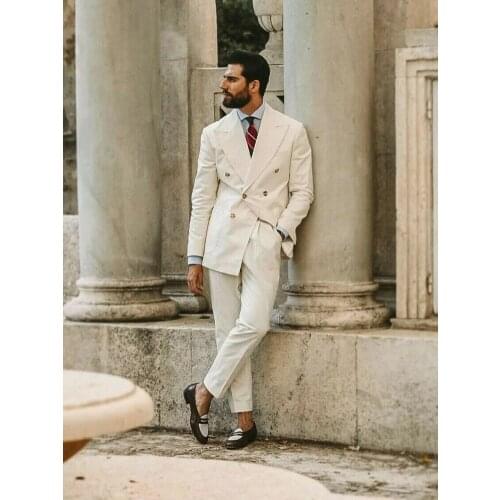 Popular White Men Suits Groom Wear Business 2 Pieces Double Breasted Peak Lapel Jacket With Pants Formal Slim Fit Blazer Coats