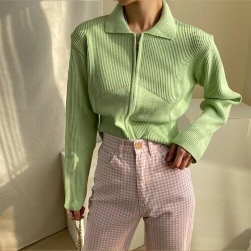 2021 New Korean Style Autumn Kintted Caidigans for Women Silm Waist Zipper Short Green Sweater Tops Chic Long Sleeve Jackets