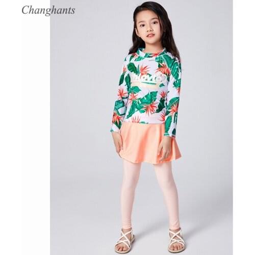 2-12 Y Girls Rash Guards Green Leaves Kids 2 Pieces Swimsuit Kids Long Sleeve Surfing Suit Schoolgirl Water Sport Suit Swim Cap