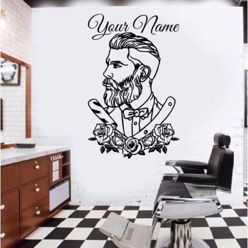 Barber Shop Wall Decal Tattoo Hipster Personalized Name Wall Sticker Man Salon Decals Barber Shop Removable Window Poster AY0165