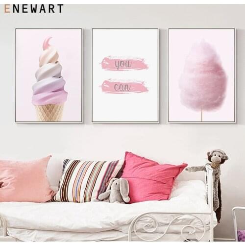 Pink Ice Cream Cotton Candy Wall Art Canvas Print Positive Quote Poster Nursery Painting Picture Kids Bedroom Decoration