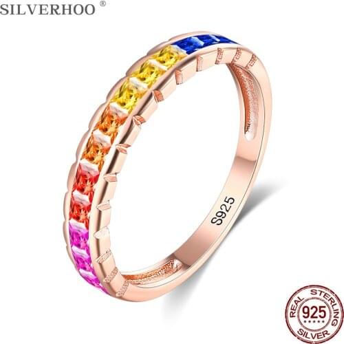SILVERHOO Rainbow Rings For Women 925 Sterling Silver Setting A Half Circle Colored Zircons Simple Engagement Wedding Jewelry