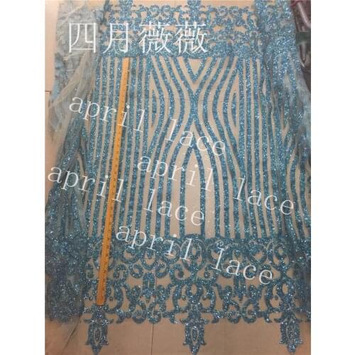 Stock ap2054 # 5 yards lake blue sexy best quality hand print glued glitter net tulle mesh sugar lace fabric for sawing dress