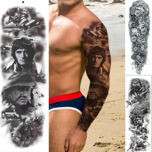 War Military Full Arm Temporary Sleeve Tattoos For Men Women Adult Fake Soldier Plane Pilot Tattoo Sticker Cannon Black Tatoos