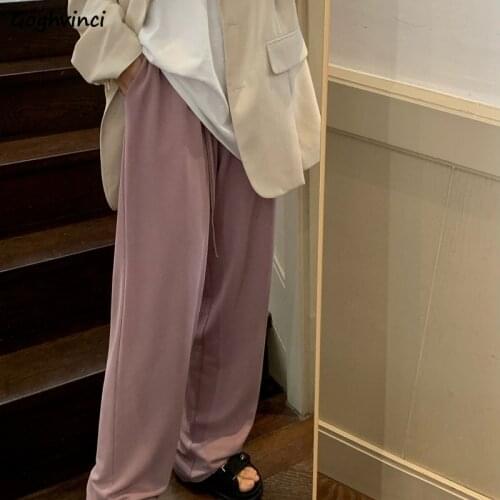 Casual Pants Women Summer Wide Leg Trousers All-match Loose Harajuku Streetwear Office Ladies Elastic High Waist Chic Simple New