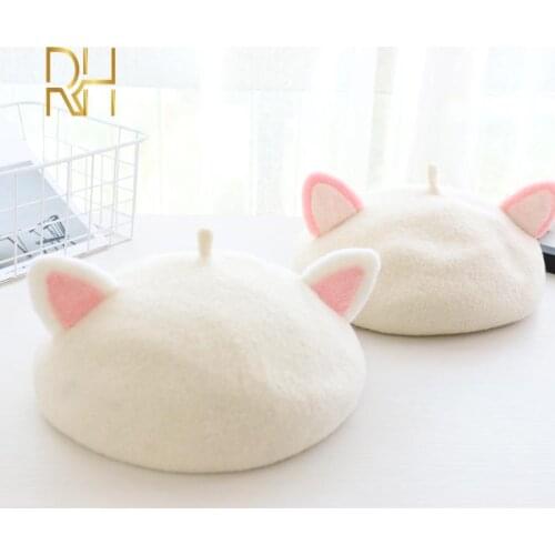 Womens Winter Beret Cap Wool Cute Rabbit Cat Bear Fox ears Blend Casual Warm Painter Hat Handmade Lovely Beret Hat For Girls RH