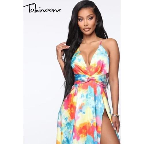 Tobinoone High Split Tie Dye Maxi Dress Women Spaghetti Strap Backless V Neck Sexy Dresses High Waist Pleated Party Evening Robe