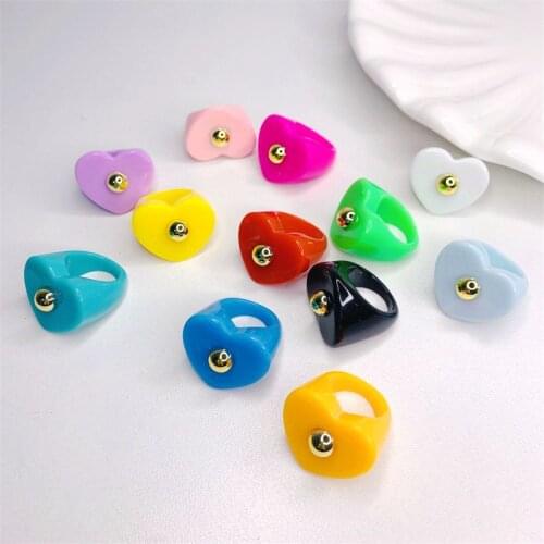 10Pcs,Wholesale New Sweet Charm Colorful Heart Resin Acrylic Finger Rings For Women Girls Simple Summer party Jewelry Gifts