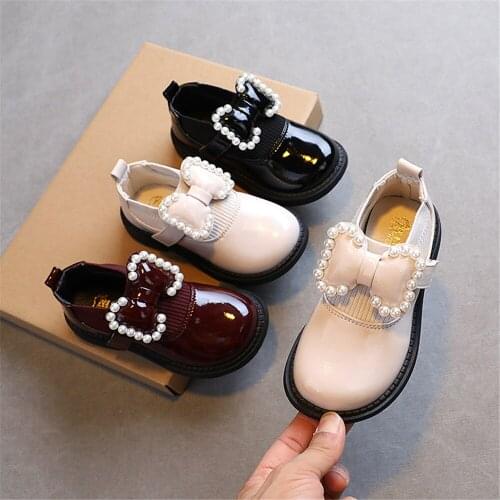 2021 Girls' Leather Shoes Pearl Princess Shoes Bows Babies Children Childrens Mary Jane Shoes Childrens Non-Slip Spring Shoes