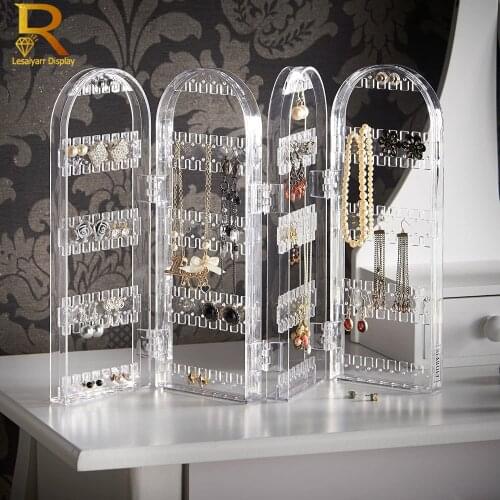 3/4/5/6 Fans Panels Screen Folding Clear Earrings Studs Display Rack Necklace Jewelry Shelf Stand Holder Organizer Storage Box