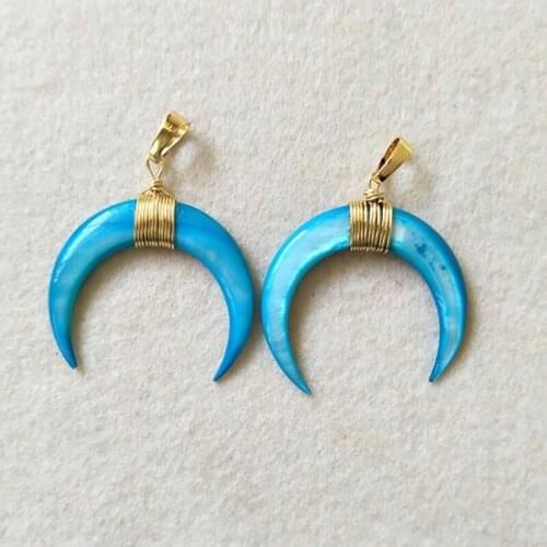 5pcs Natural shell Gold color Wire Wrapped Tribal Ox Horn bule Charm Pendant Crescent shell Bead DIY necklace making PD233