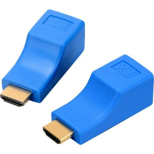 2pcs ABS Metal 1080P HDMI-compatible Extender to RJ45 Over Cat 5e/6 Network LAN Ethernet Adapter with Blue Color 30m Transmissio