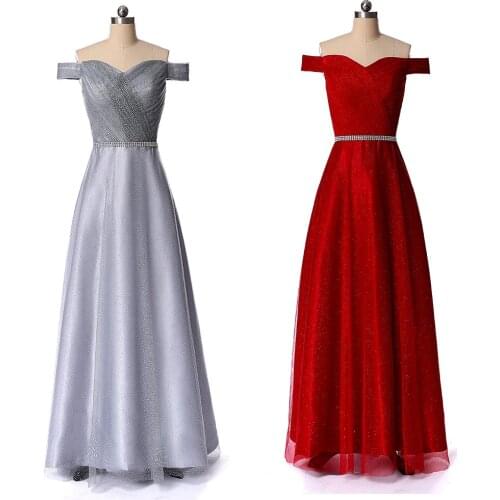 Shining Off the Shoulder Prom Dresses A Line Grey Evening Gowns Beaded Waist Robe De Soirée
