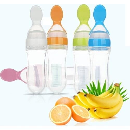 Baby Feeding Bottle 90ML Toddler Spoon Bottle Food Feeder Tool Soother Rice Cereal Supplement Cup Silica Gel BPA Free Standard