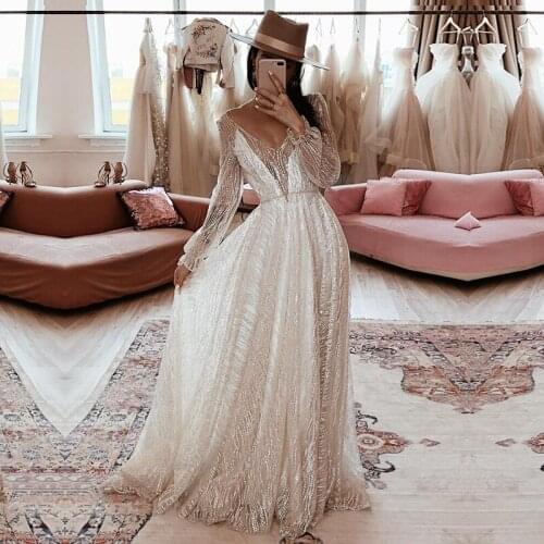 Eightale Elegant Evening Dresses 2020 V-Neck A-Line Long Sleeves Dubai Arabic Long Party Graduation Custom Made Prom Gown