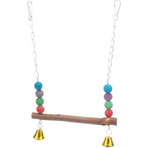 Bird Parrot Natural Wood Standing Perch Swing Toy with Bells and Colorful Beads Decor
