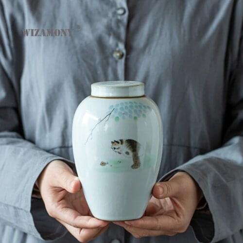 Wizamony Ceramic Ru kiln Cat Tea Containers Gracked Glaze Sealed Jar Small Number Portable Storage Jar Household Chinese Tea Set