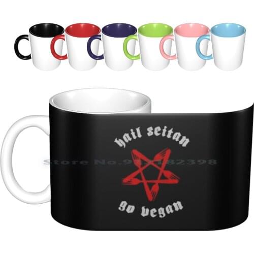 Hail Seitan , Go Vegan Ceramic Mugs Coffee Cups Milk Tea Mug Vegan Seitan Animal Animals Humor Funny Satan Satanic Fork Food