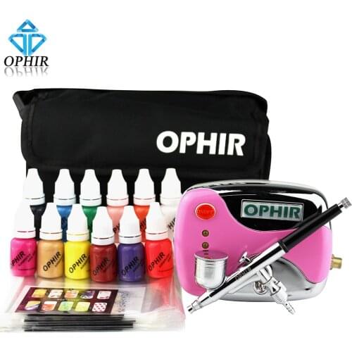OPHIR 0.3mm Nail Airbrush Kit 12x Nail Inks Pink Air Compressor with Airbrush Nail Stencils & Bag & Cleaning Brush Set_OP-NA001P
