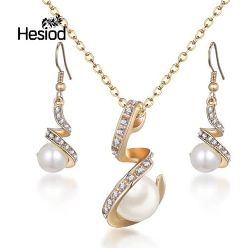 Hesiod New Fashion Womens Wedding Necklace Earrings Jewelry Set Clear Crystal Curved Imitation Pearl Gold Silver Jewelry Sets