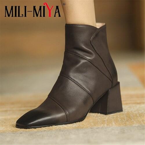 MILI-MIYA Fashion Design Splicing Cow Leather Women Ankle Boots Round Toe Square Heels Zippers Spring/Autumn Shoes For Ladies