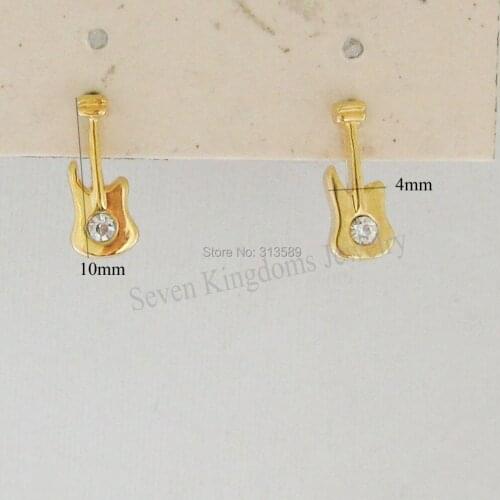 MIN ORDER 10$/CUTE NICE - YELLOW GOLD GP OVERLAY FILLED WITH BRASS RHINE STONE STUD GUITAR EARRING/GREAT GIFT