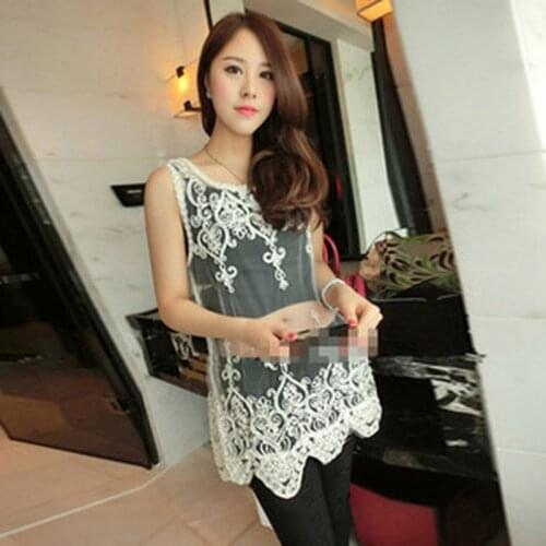 Fashion Women Mesh Lace Tops Embroidered Flowers Sleeveless Perspective Tank Tops Overalls S-6XL